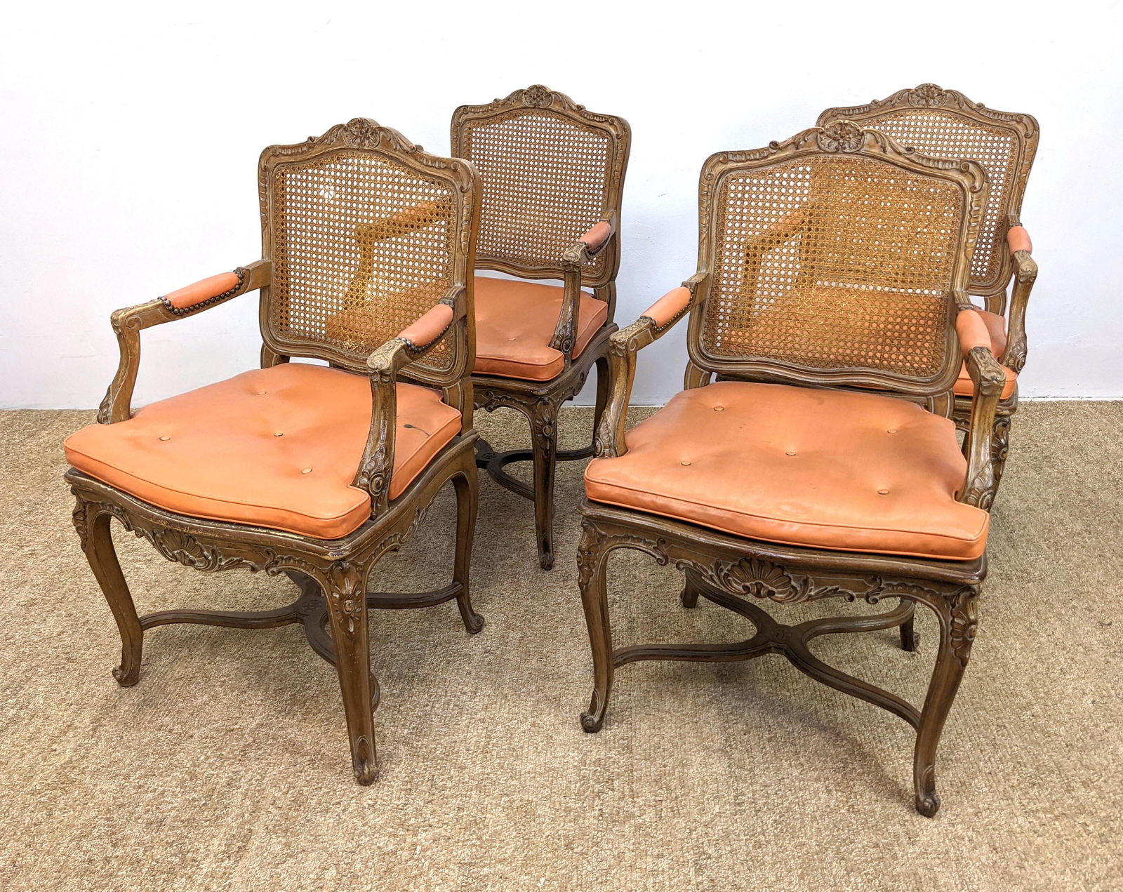 Set 4 Carved French Style  Dining Arm Chairs. Caned sea (1 of 17)