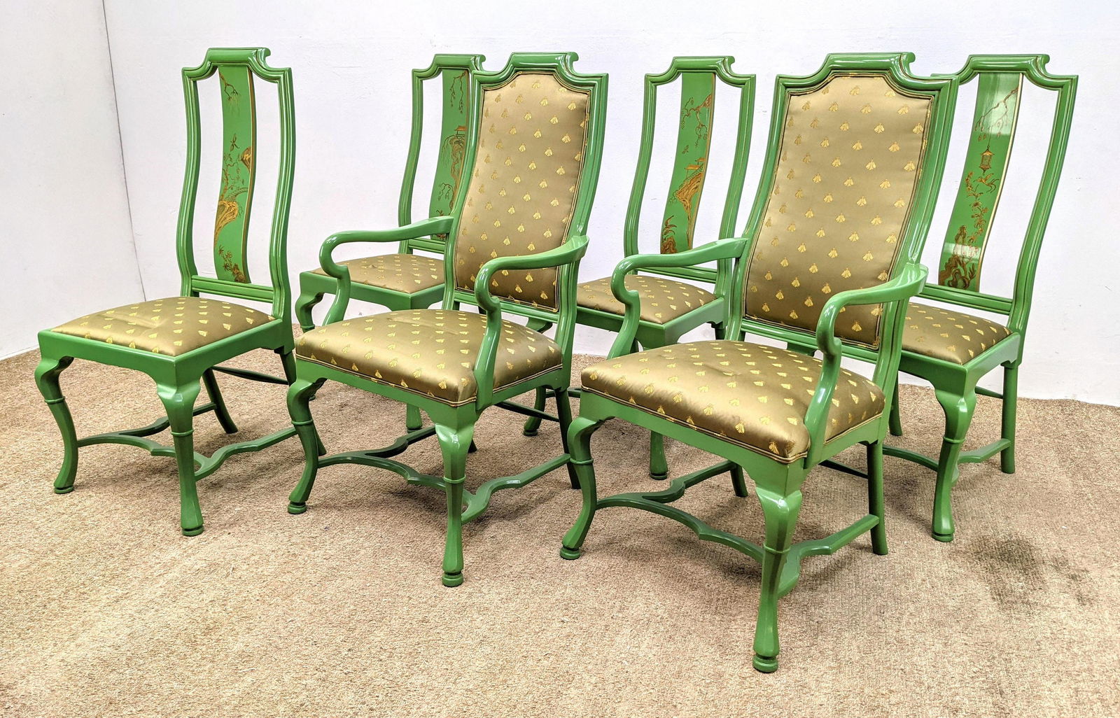 Set 6 Painted Green Frame Dining Chairs. Two Arm Chairs (1 of 16)