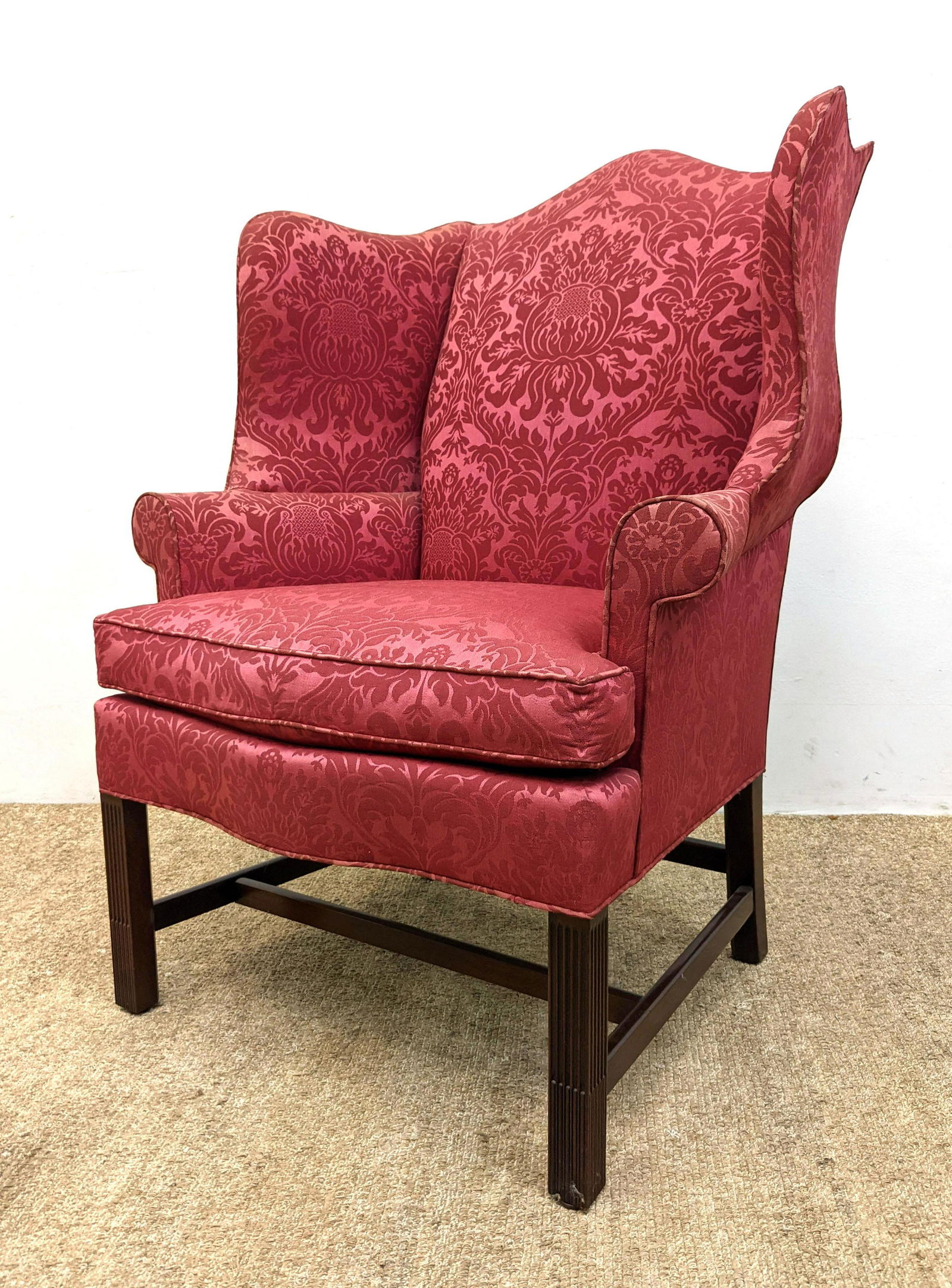 HICKORY CHAIR Damask Upholstered Wing Chair. Label. (1 of 10)