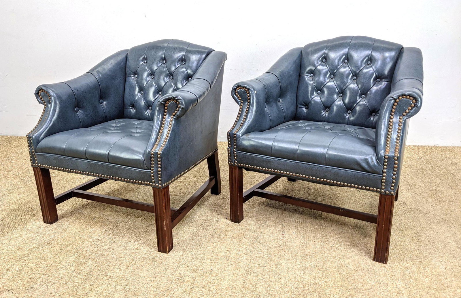 Pr Blue Chesterfield style Lounge Chairs with Tufted Ba: Pr Blue Chesterfield style Lounge Chairs with Tufted Back and seats. Metal stud trim. HIGH POINT Label. -- Dimensions: H: 28.5 inches: W: 27.5 inches: D: 26 inches ---