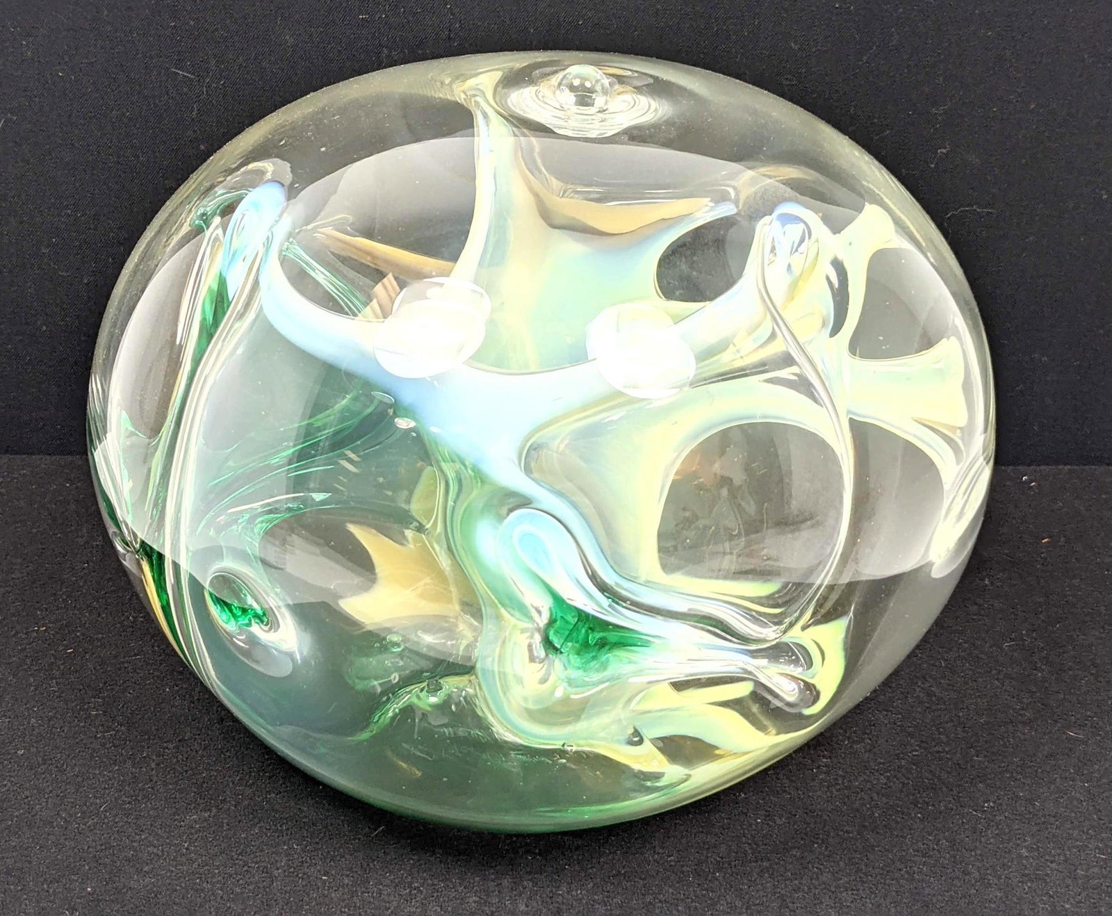 PETER BRAMHALL Signed 2004 Art Glass Sculpture. Clear G: PETER BRAMHALL Signed 2004 Art Glass Sculpture. Clear Glass Bubble Form with Internal Colored Glass Elements. Engraved signature. -- Dimensions: H: 7.5 inches: W: 10 inches: D: 10 inches ---