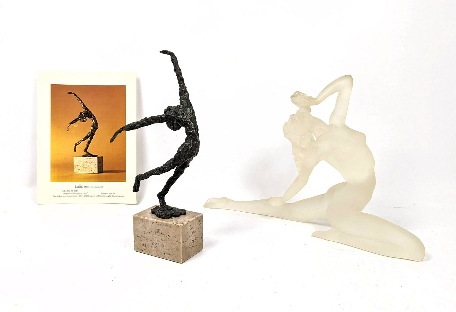 2pc Modernist Dancer Ballerina Sculptures. DOMENICO MAZ: 2pc Modernist Dancer Ballerina Sculptures. DOMENICO MAZZONE Bronze Sculpture of "Ballerina". Edit of 500. With Artist's Card. 2) Frosted Lucite Nude Dancer with Flowing Hair.-- Dimensions: H: 10 inche