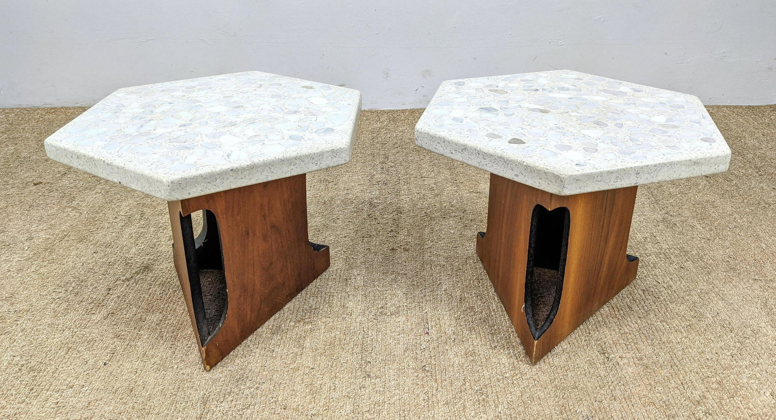 Pr Harvey Probber Terrazzo Top Side Tables. Hexagonal t (1 of 9)