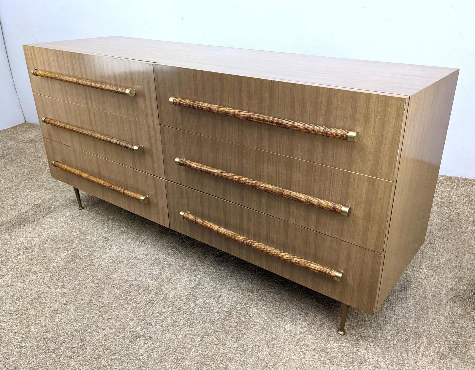 ROBSJOHN GIBBINGS Double Low Chest Dresser. Widdicomb.: ROBSJOHN GIBBINGS Double Low Chest Dresser. Widdicomb. Formica Body. Wrapped handles.-- Dimensions: H: 32 inches: W: 60 inches: D: 21 inches ---