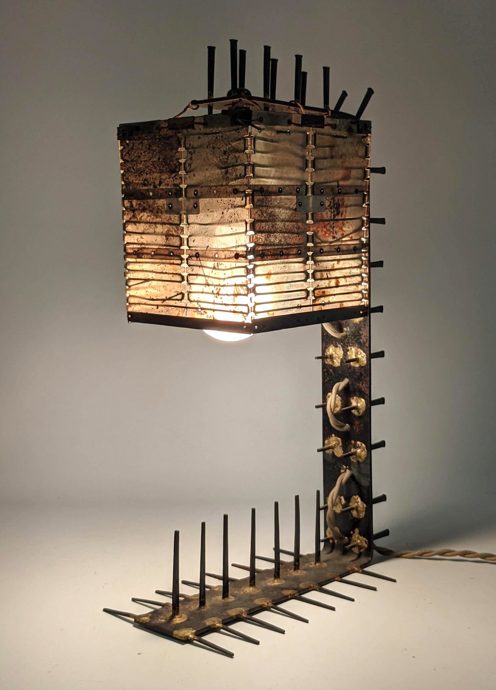 Brutalist Welded Metal Nail Table Lamp. Handcrafted. Ar (1 of 18)