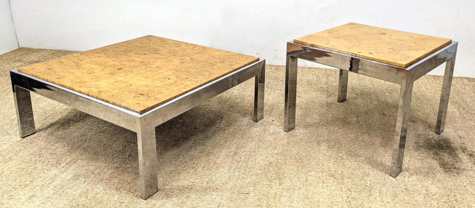 2pc Milo Baughman style Chrome, Burl Tables. Square bur (1 of 13)