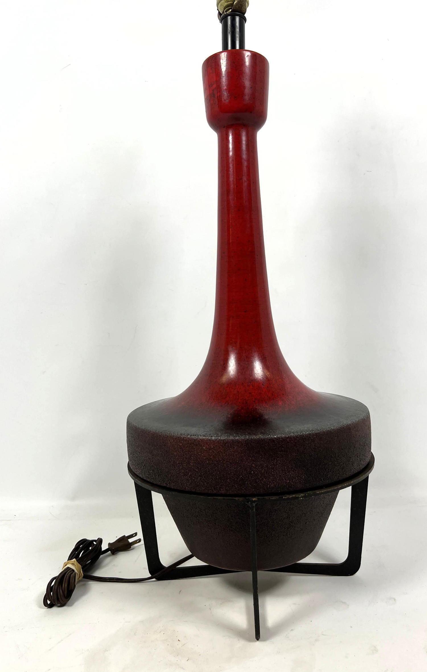 Mid Century Modern Red Glazed Table Lamp In Iron Stand. (1 of 8)