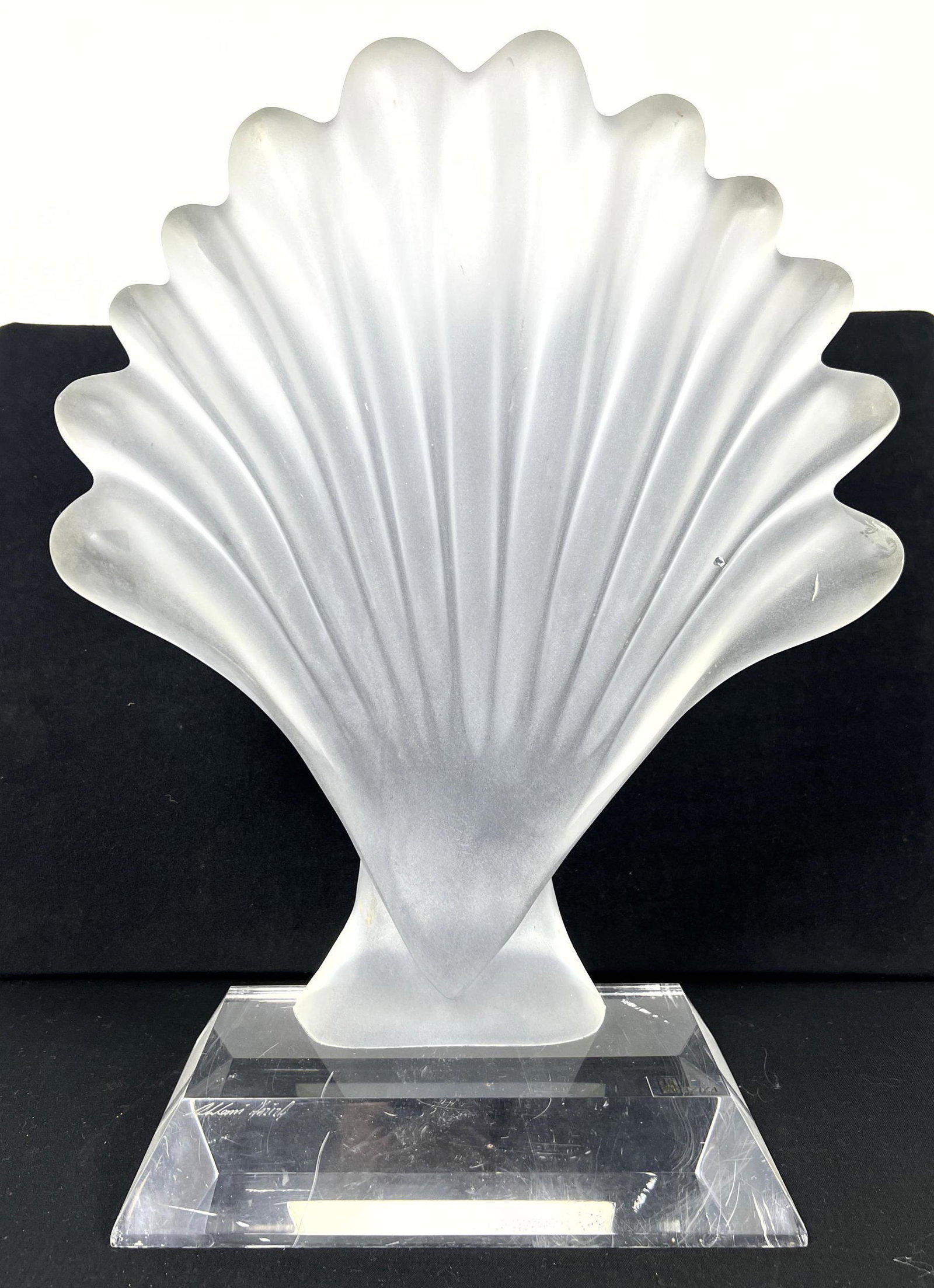SHLOMI HAZIZA Frosted Clear Lucite Shell Sculpture. Eng: SHLOMI HAZIZA Frosted Clear Lucite Shell Sculpture. Engraved signature. Label. -- Dimensions: H: 20 inches: W: 14.5 inches: D: 6.5 inches ---