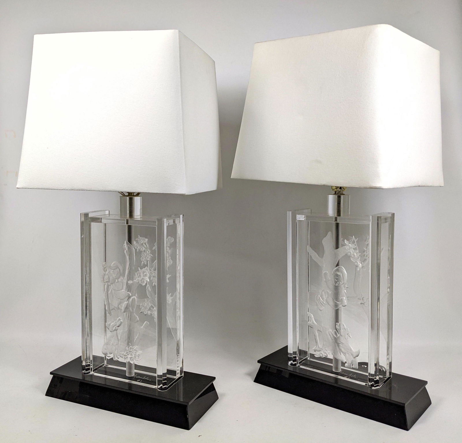 Pr MARANDOLE Etched Lucite Table Lamps. Children climbi (1 of 13)
