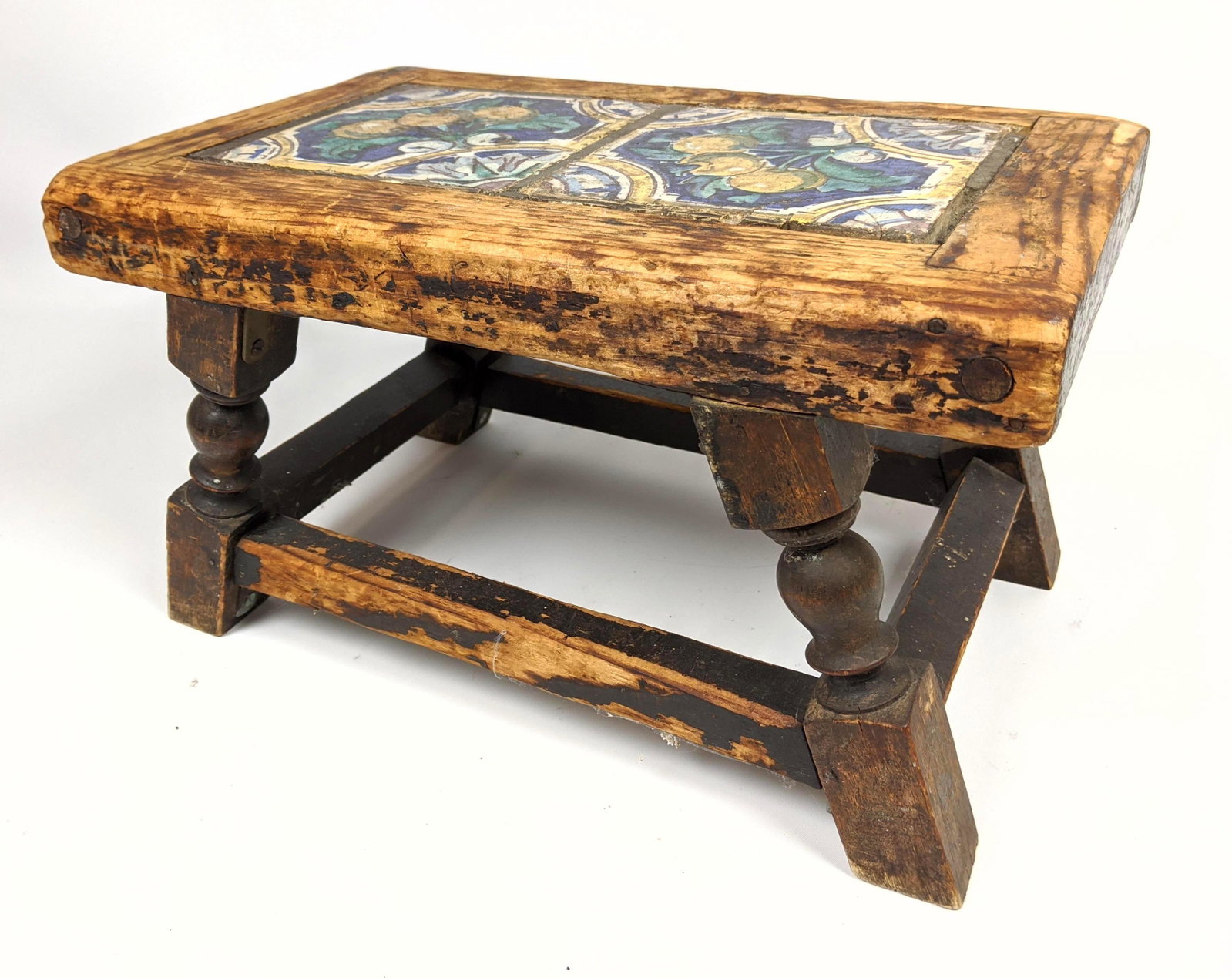 Rustic Small Stool with Colorful Tiles.: Rustic Small Stool with Colorful Tiles.-- Dimensions: H: 8.5 inches: W: 15 inches: D: 9 inches ---