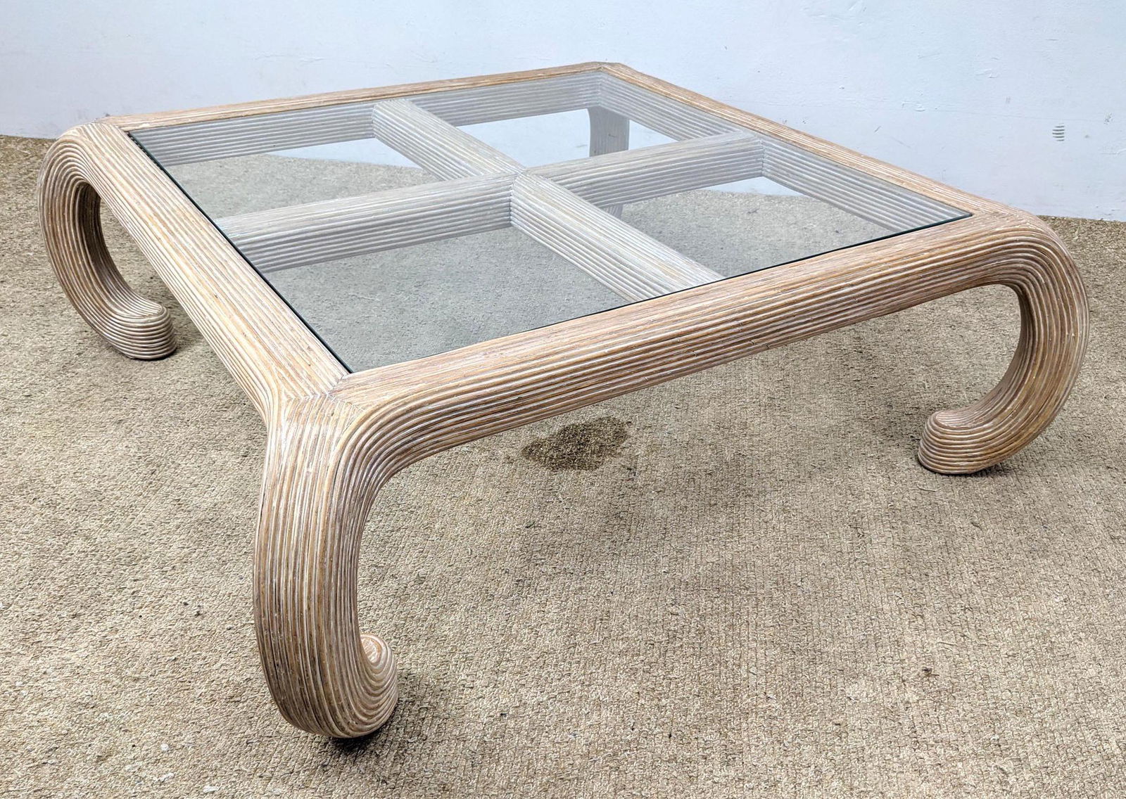 Decorator Limed Rattan Glass Top Coffee Table.  Curved (1 of 9)