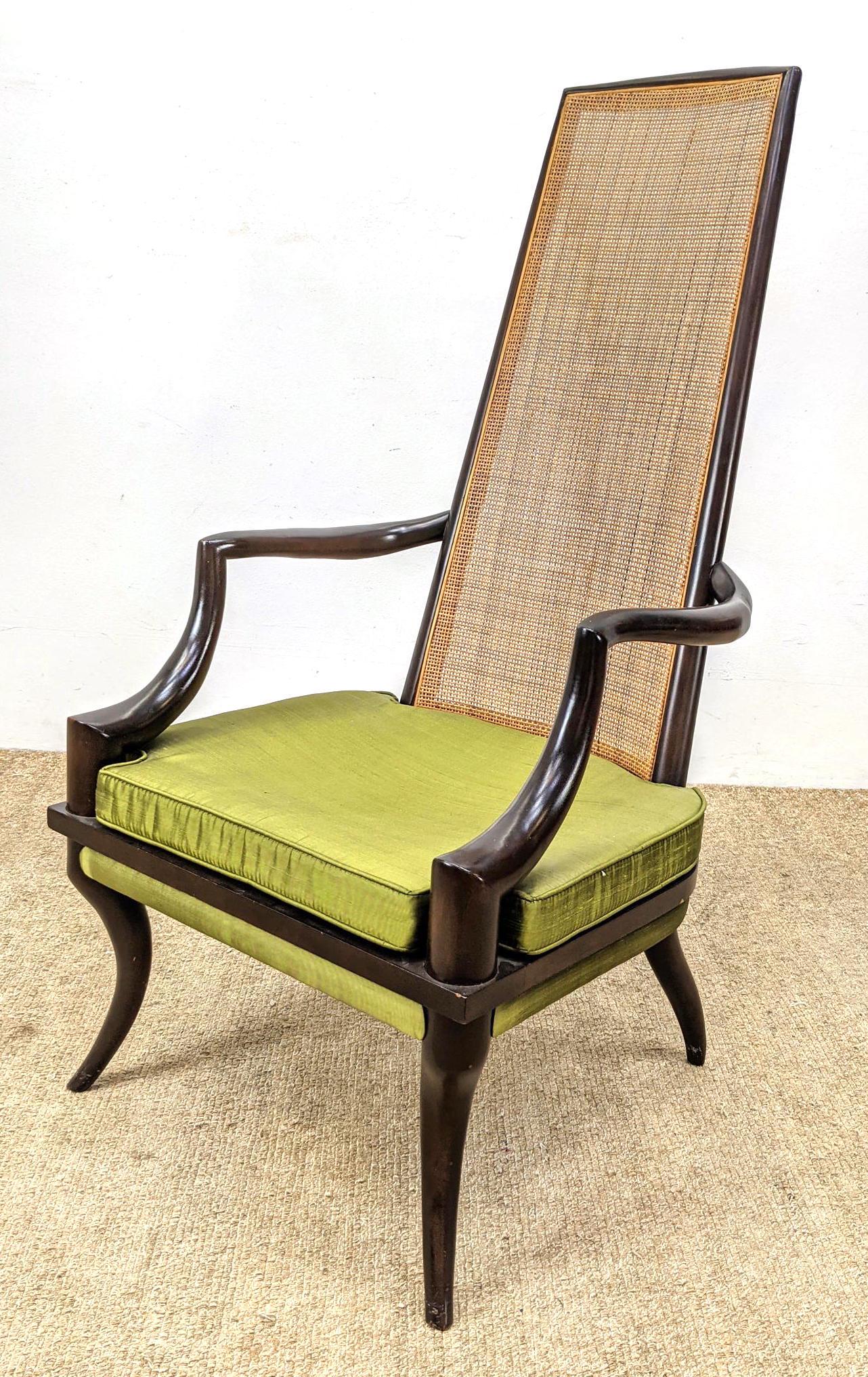 GRAND LEDGE CHAIR Tall Caned Back Arm Chair.Elegant ar: GRAND LEDGE CHAIR Tall Caned Back Arm Chair.Elegant arms. Saber Legs. Green Seat Cushion. Label. -- Dimensions: H: 46.5 inches: W: 23 inches: D: 19 inches ---