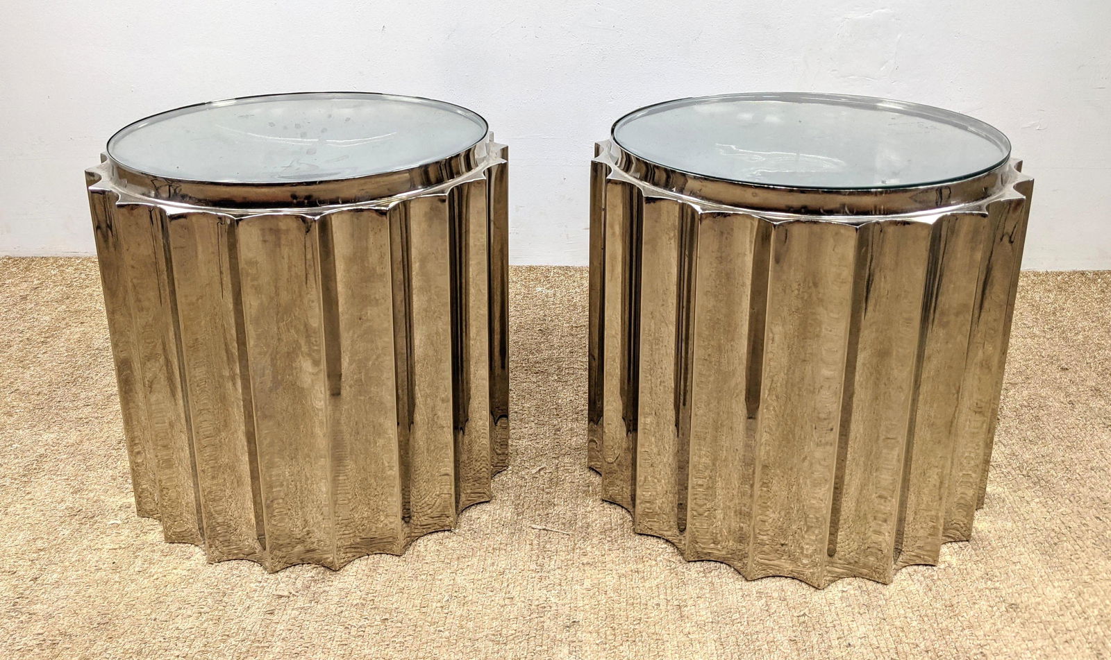 Pr Chrome Fluted Column style Side End Tables Inset Gla (1 of 10)