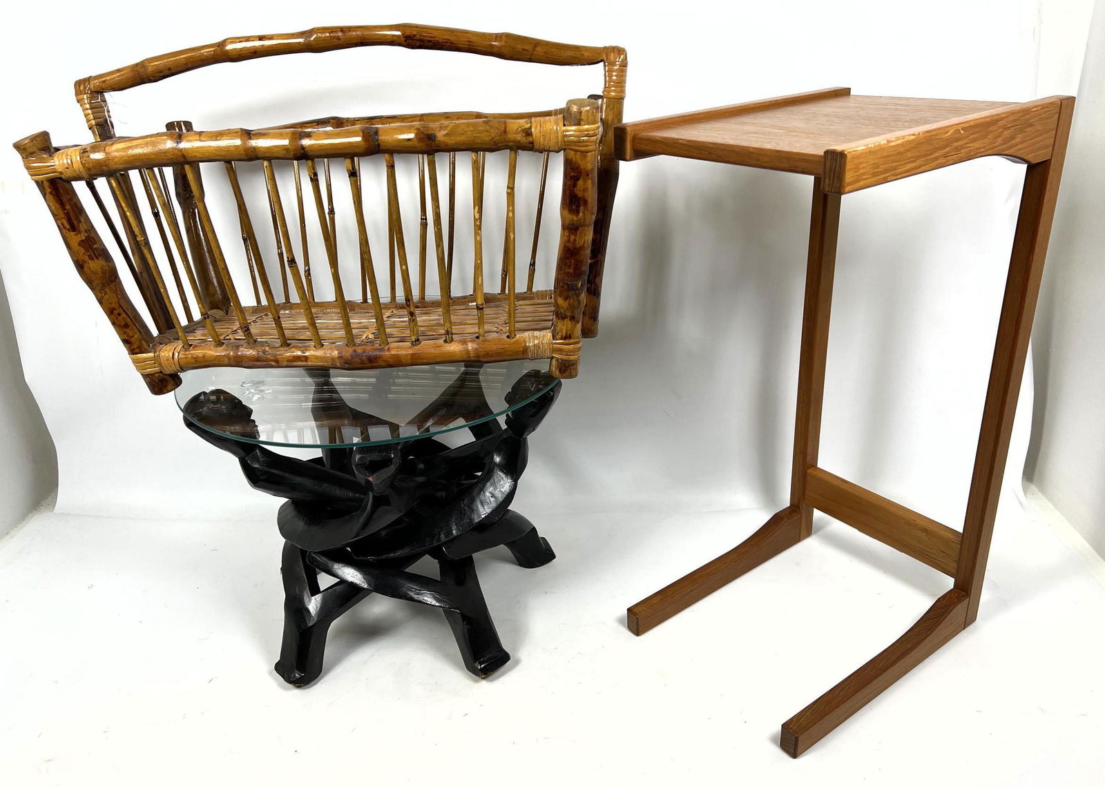 3pcs Lot.  Teak Stand, Bamboo Magazine Rack, Glass Top (1 of 14)