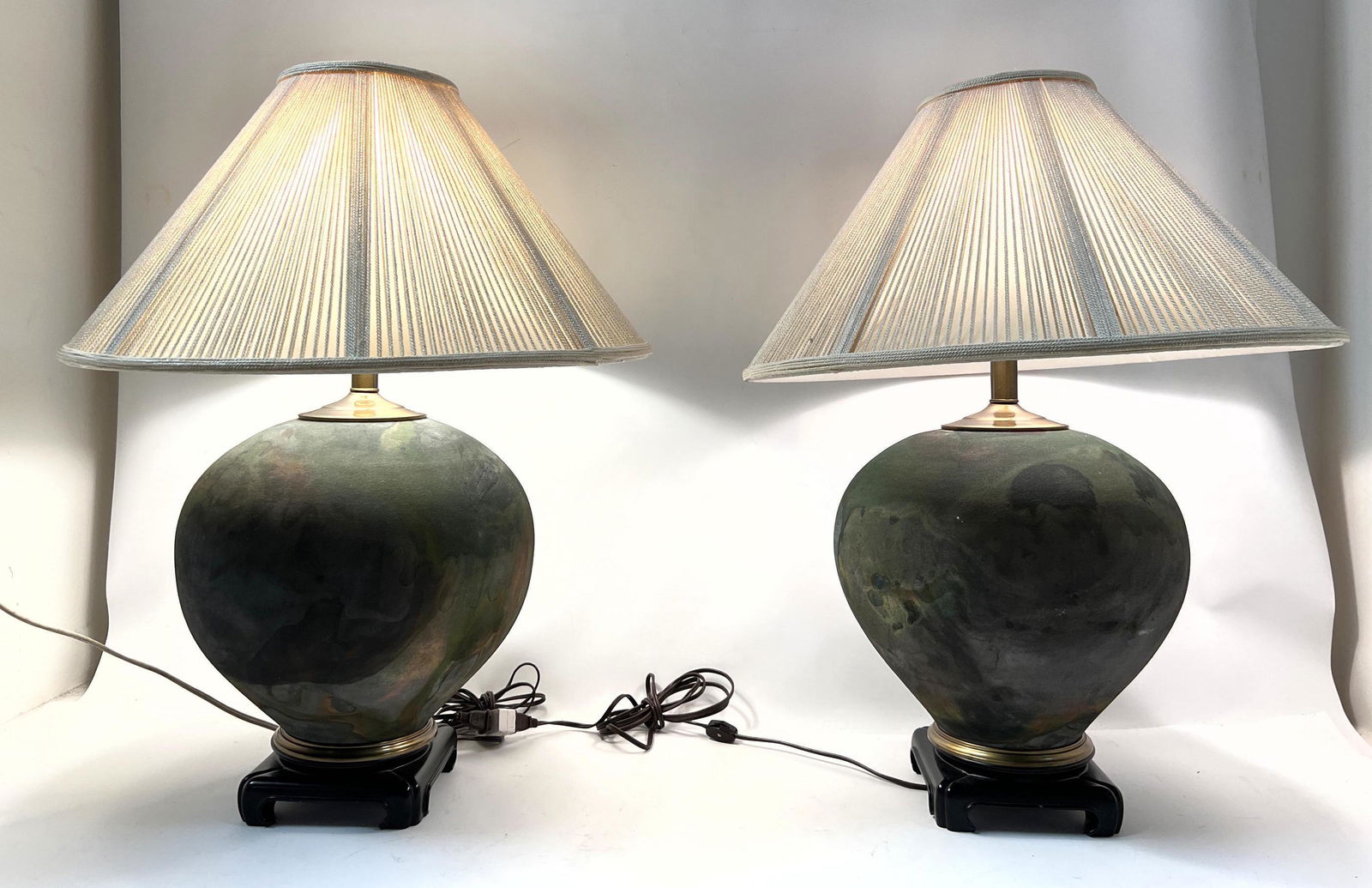 Pair Bulbous Raku Pottery Table Lamps. (1 of 10)
