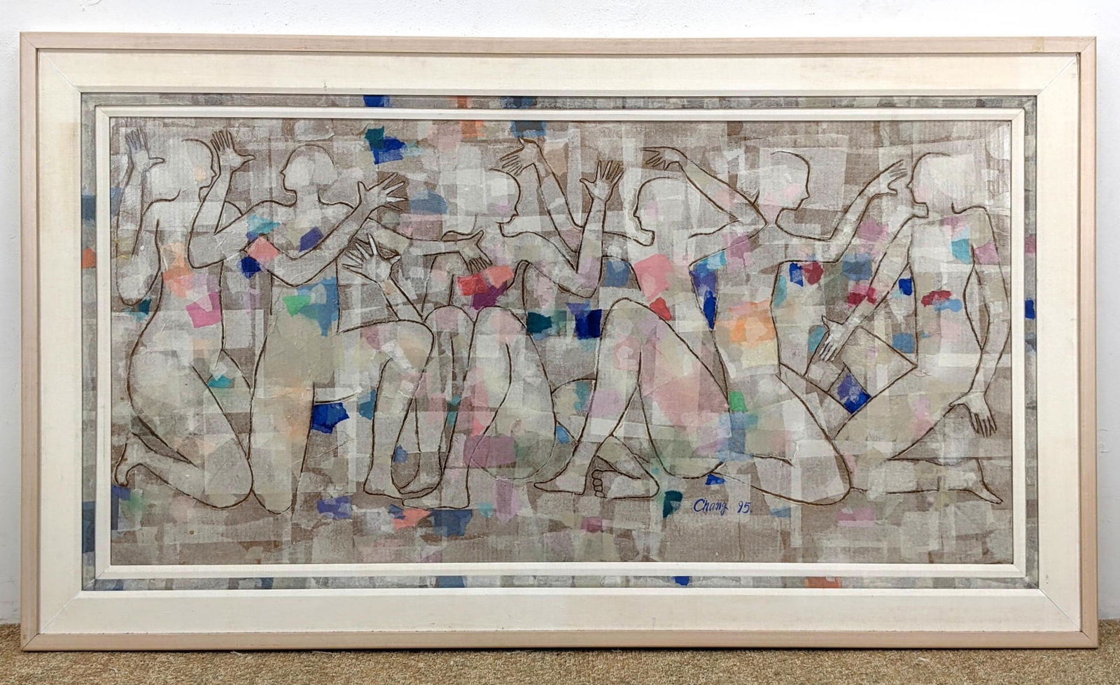 Large CHANG 95 Abstract Paper Collage Painting of Nude: Large CHANG 95 Abstract Paper Collage Painting of Nude Figures.-- Dimensions: Image Size: H: 29.5 inches: W: 60 inches -- FRAME SIZE: Frame Height 40.25 inches - Frame Width 70.5 inches ---
