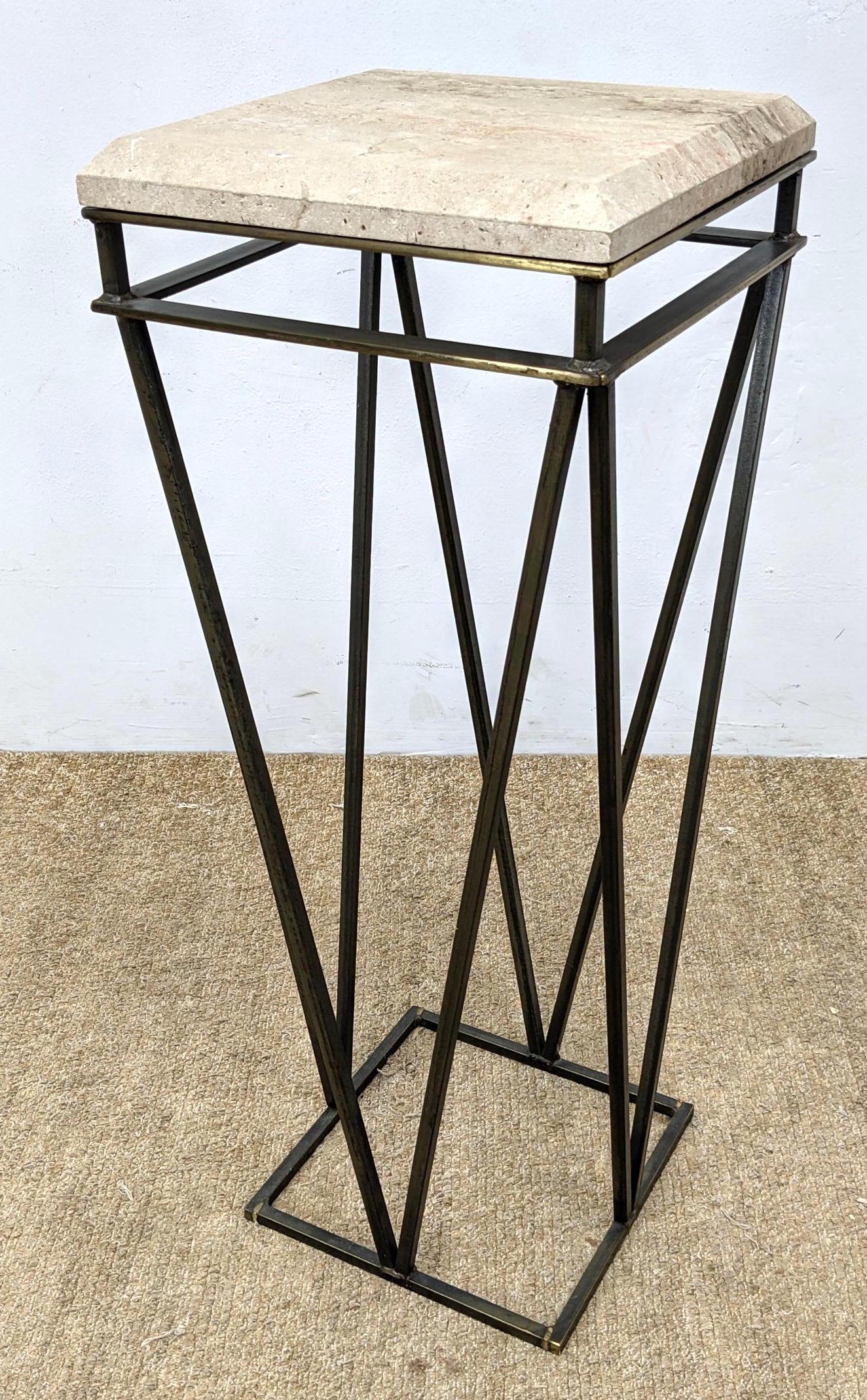 Modernist Travertine Marble Top Display Pedestal. Archi: Modernist Travertine Marble Top Display Pedestal. Architectural V design base-- Dimensions: H: 56.5 inches: W: 14 inches: D: 14 inches ---