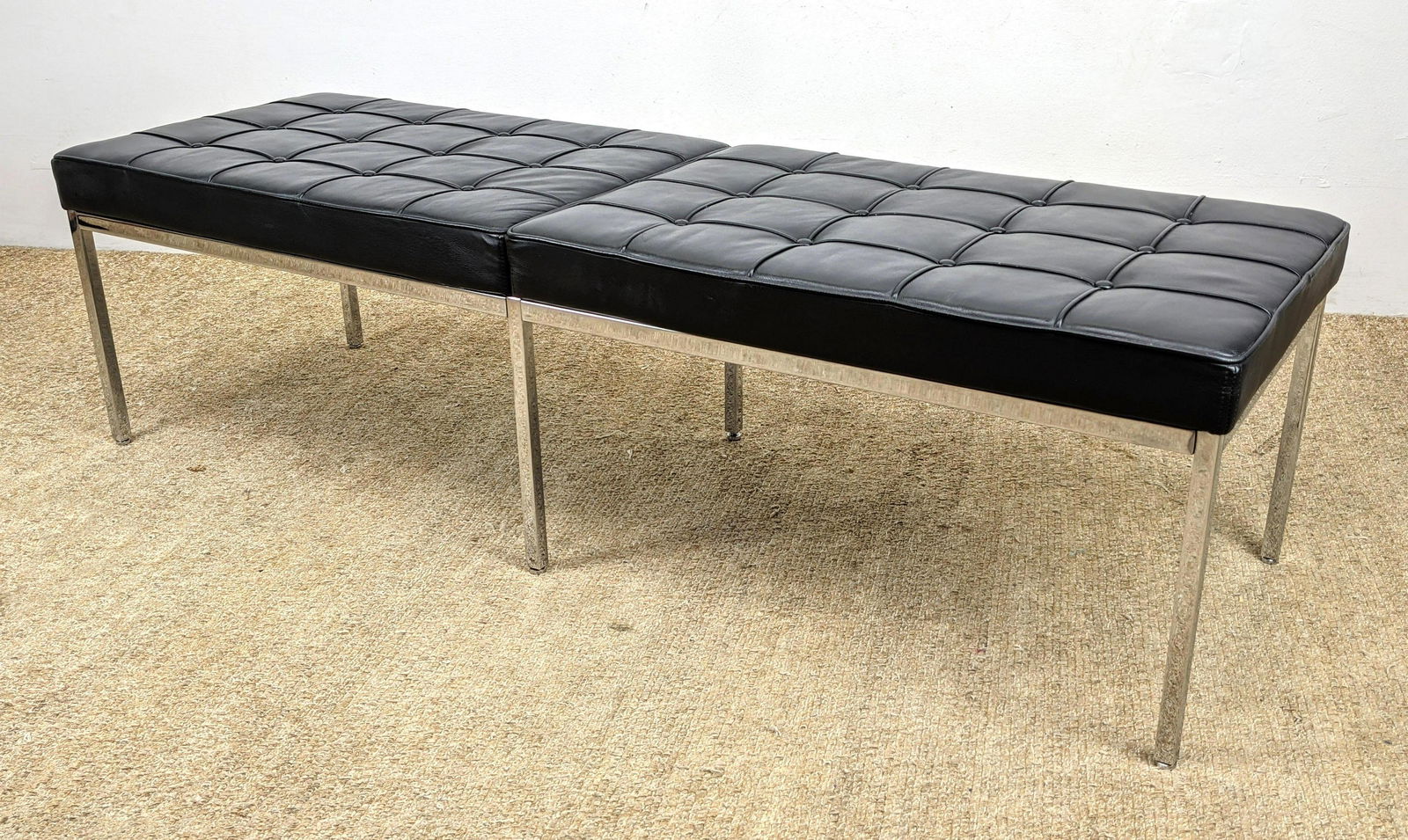 KNOLL Tufted Black Leather Bench. Chrome square tube fr (1 of 10)