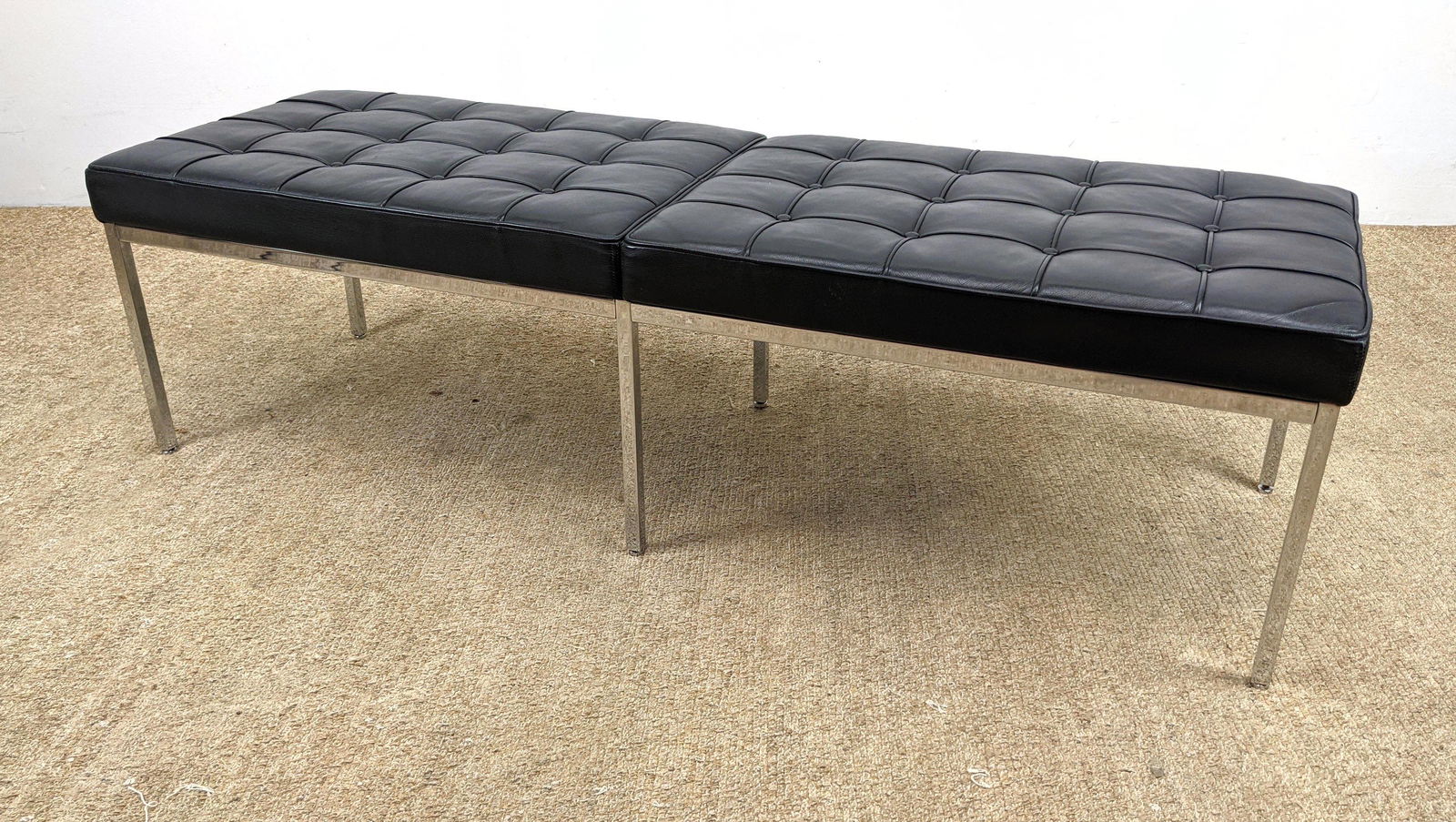 KNOLL Tufted Black Leather Bench. Chrome square tube fr (1 of 11)