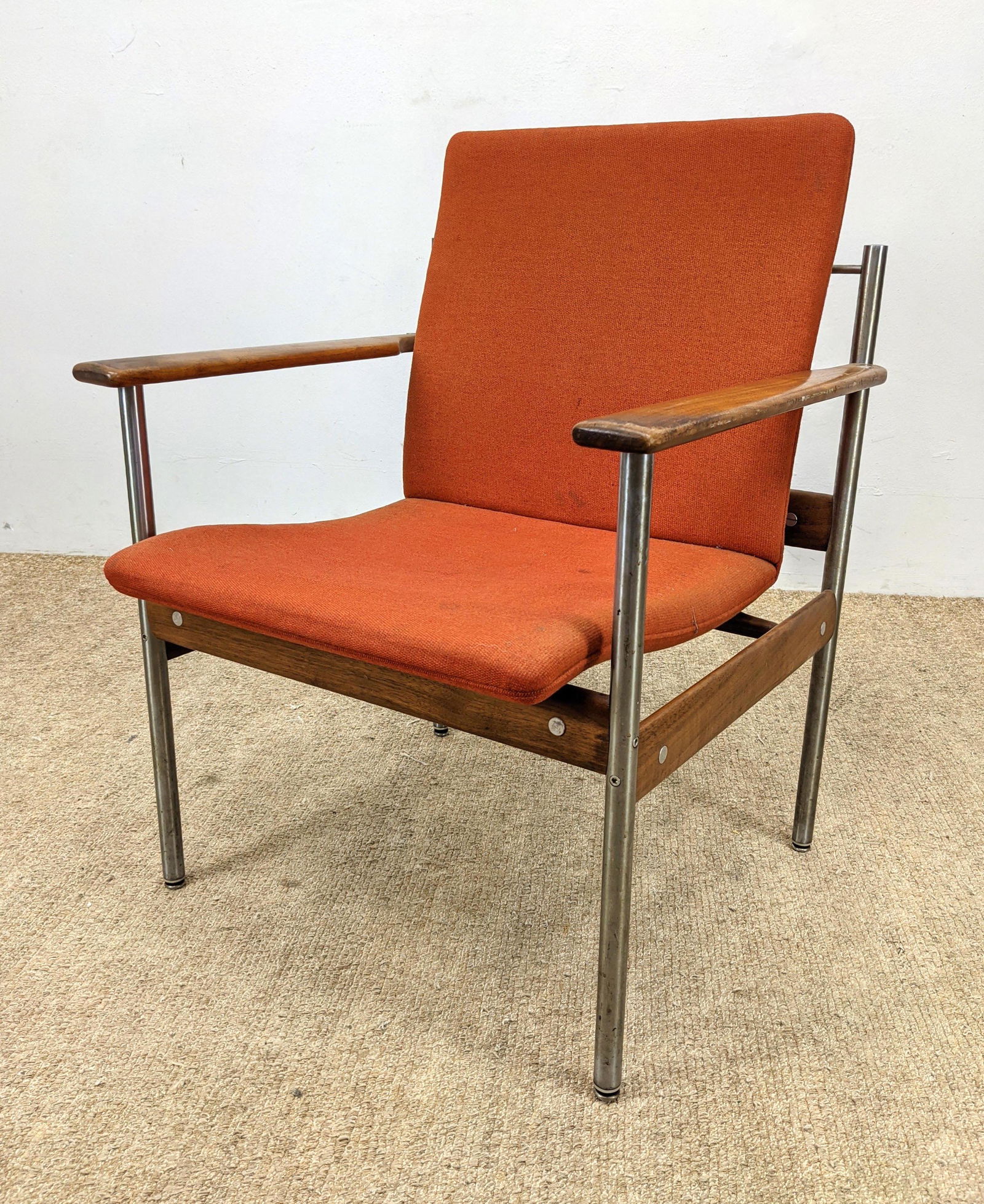 SVEN IVAR DYSTHE Teak and Chrome Lounge Chair. Chrome l: SVEN IVAR DYSTHE Teak and Chrome Lounge Chair. Chrome legs with teak arms and stretchers. Orange fabric. DOKKA MOBLER. -- Dimensions: H: 34 inches: W: 26 inches: D: 24 inches ---