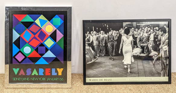 2pc Collection Framed Art. Victor Vasarely 1966 Exhibit: 2pc Collection Framed Art. Victor Vasarely 1966 Exhibition Poster. ; SIDNEY JANIS. MARIO de BIASI Photo Poster; Woman Walking with Male Admirers. -- Dimensions: Image Size: H: 23 inches: W: 31 inches