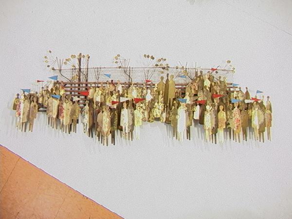 Curtis Jere Stadium Wall Sculpture. People with: Curtis Jere Stadium Wall Sculpture. People with pennants. Signed. Dimensions: H: 17 inches: W: 50 inches: D: 4.5 inches Please contact us with specific questions about condition, not visible in the ph