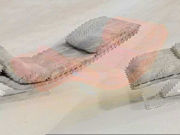 Kagan Style Lounge Chair Seating. Conformed top: Kagan Style Lounge Chair Seating. Conformed top with lucite and mirrored base. Dimensions: H: 28 inches: W: 30 inches: D: 55 inches Condition (General): Wears and tears to upholstery.Please contact us