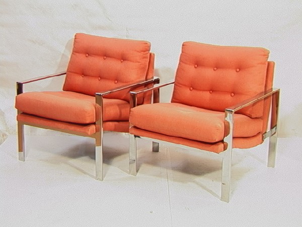 Pair Milo Baughman Style Club Lounge Chairs. Fla: Pair Milo Baughman Style Club Lounge Chairs. Flat Chrome Frames. Dimensions: H: 31 inches: W: 27.75 inches: D: 30 inches Condition (General): Fading and stains to upholstery.Please contact us with spe