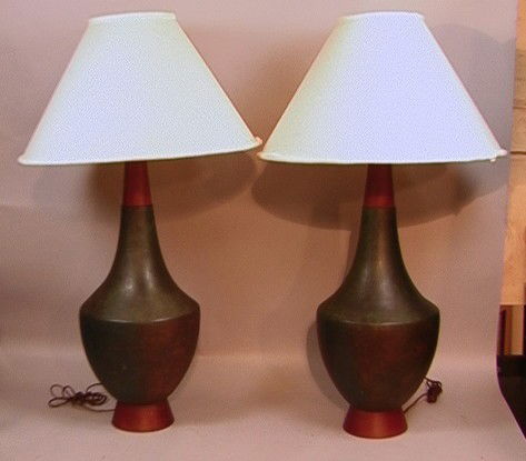 Pr RAYMOR Italy Ceramic Lamps with Walnut Base an: Pr RAYMOR Italy Ceramic Lamps with Walnut Base and Cap. Textured blue green thick glaze. Dramatic pair of table lamps. 2 PCS Dimensions: H: 37 inches: W: 12 inches Condition (General): Very Good Condi