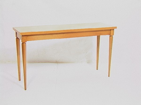 ROBSJOHN GIBBINGS Sofa Console Table. Cherry fini: ROBSJOHN GIBBINGS Sofa Console Table. Cherry finish with tapered legs. Labeled. Dimensions: H: 29.25 inches: D: 18 inches: L: 54 inches Condition (General): Very Good Condition. Edge wear to finish.Pl