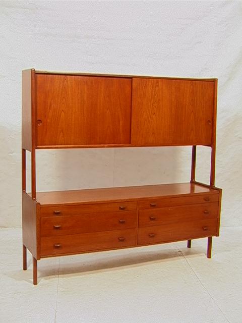 Hans Wegner Danish Teak Tall Wall Cabinet China C: Hans Wegner Danish Teak Tall Wall Cabinet China Credenza. Sliding door top over Base with open section. Dimensions: H: 71 inches: W: 71 inches: D: 20.5 inches Condition (General): Small blemishes and