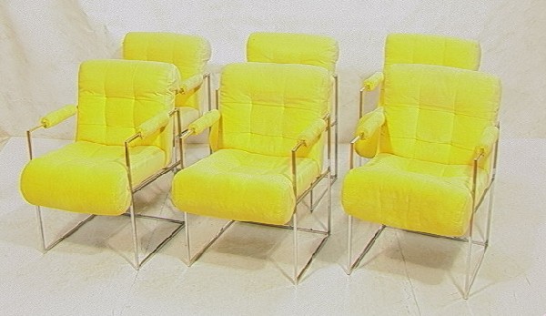 Set 6 MILO BAUGHMANN for THAYER COGGIN Thin Chrom: Set 6 MILO BAUGHMANN for THAYER COGGIN Thin Chrome Upholstered Arm Chairs. Thin Square Chrome Tub Construction. Style #1148. Paper Label. 6 PCS. Dimensions: H: 33 inches: W: 23 inches: D: 25 inches Co