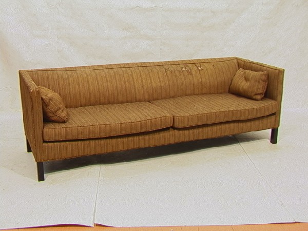 EDWARD WORMLEY for DUNBAR Sofa Couch. Square Tape: EDWARD WORMLEY for DUNBAR Sofa Couch. Square Tapered legs. Marked Dunbar. Dimensions: H: 27 inches: D: 30 inches: L: 84 inches Condition (General): Upholstery worn with holes.Please contact us with sp