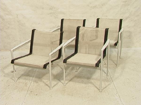Set 4 RICHARD SCHULTZ Outdoor Arm Chairs. Sling: Set 4 RICHARD SCHULTZ Outdoor Arm Chairs. Sling Seat on Aluminum Frame. Painted White. 3 Side Chairs and 1 Lounge Chair (lower and wider). 4 PCS. Dimensions: H: 26 inches: W: 26 inches: D: 26.5 inches