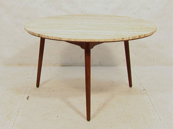 Danish Modern for Raymor Dining Table.: Danish Modern for Raymor Dining Table. Travertine top on three leg base. Labeled made in denmark for RAYMOR. Dimensions: H: 28.5 inches: W: 48 inches: D: inches Condition (General): Wood could use a l