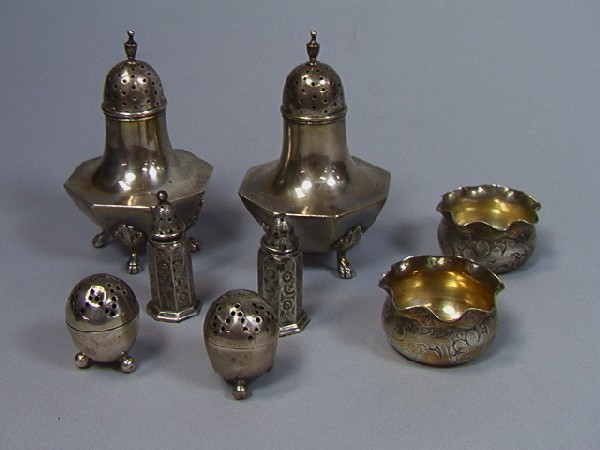Lot Sterling Salts. Pr Stowell Footed Salt Pepper: Lot Sterling Salts. Pr Stowell Footed Salt Pepper Shakers. Pr Victorian Open Salts. Pr English hallmarked Shakers. Pr English Egg Form Shakers. 4 Pr TOTAL. (Silver weights are for weighable silver onl