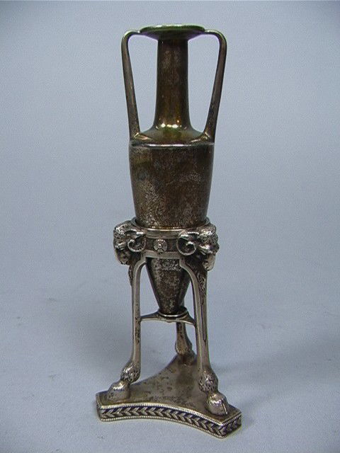 BALL & BLACK .950 STERLING Amphora Shaped Vase.: BALL & BLACK .950 STERLING Amphora Shaped Vase. Tripod style design with Rams Head and hairy hoof feet with leaf decorated plinth stand. New York. Marked. (Silver weights are for weighable silver only