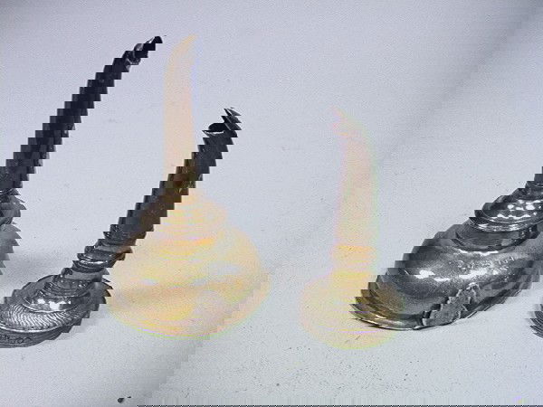 2 Pcs Antique ENGLISH STERLING Funnels Pourers.: 2 Pcs Antique ENGLISH STERLING Funnels Pourers. Smaller: Mkd R.P. over G.R. with touch marks, King William Duty Mark 1834-1837. Larger:Crown leopards head, with additional touch marks. (Silver weights