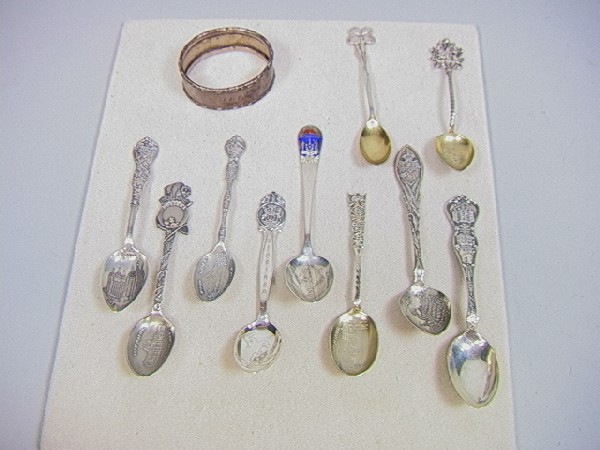 11 Pcs STERLING Souvenir Collector Spoons. One wi: 11 Pcs STERLING Souvenir Collector Spoons. One with enamel. (1) four leaf clover, London, Montana, Utah, Oregon, etc. 11 PCS (Silver weights are for weighable silver only. We did not count handles or 