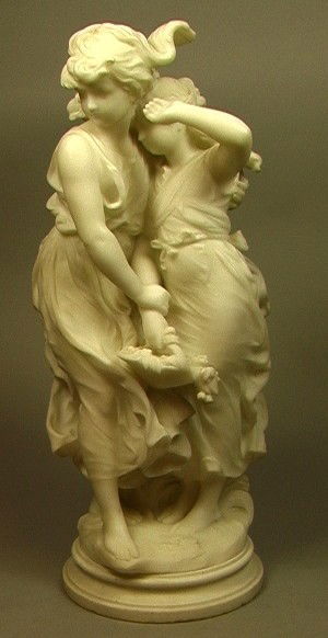 HIPPOLYTE MOREAU Marble Sculpture PROTECTION: HIPPOLYTE MOREAU Marble Sculpture Two Figures. Two Females with Flower Basket. Signed.-- Dimensions: H: 24 inches: W: 10 inches: D: 9 inches --- Condition (General): Very Good Condition. Minor chips t
