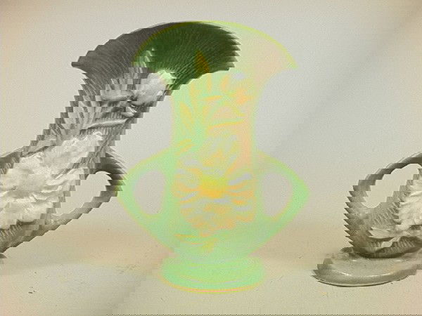 ROSEVILLE PEONY 2 handled Vase. Floral design. M: ROSEVILLE PEONY 2 handled Vase. Floral design. Mkd. 62-8"-- Dimensions: H: 8.25 inches: W: 6.5 inches --- Condition (General): Excellent condition. Please contact us with specific questions about cond