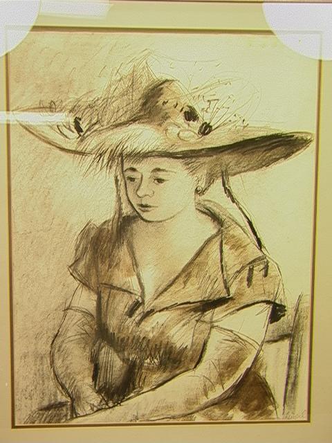 WALTER REINSEL, Charcoal Drawing. portrait of Lad: WALTER REINSEL, Charcoal Drawing. portrait of Lady in Flowered Hat. Signed.-- Dimensions: Image Size: H: 24 inches: W: 18 inches --- Condition (General): Very Good Condition. Please contact us with sp