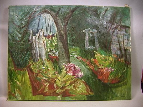 WALTER REINSEL Oil Painting on Canvas, 1974. "Tra: WALTER REINSEL Oil Painting on Canvas, 1974. "Tragic Garden" painting of garden with statuary and tree, Signed.-- Dimensions: Image Size: H: 31.5 inches: W: 40 inches --- Condition (General): Very Goo