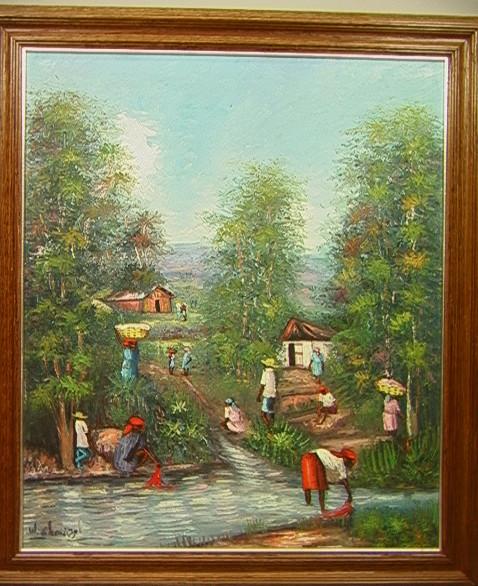 W. CHARIZOL Oil on Canvas Haiti Haitian Painting.: W. CHARIZOL Oil on Canvas Haiti Haitian Painting. Village Scene with Laborers. Signed.-- Dimensions: Image Size: H: 23.25 inches: W: 19.25 inches --- Condition (General): Very Good Condition. Please c