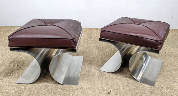 Pr MICHEL BOYER Stainless Steel X Benches. Upholstered: Pr MICHEL BOYER Stainless Steel X Benches. Upholstered Seat Benches Stools. Stylish base.-- Dimensions: H: 16 inches: W: 20 inches: D: 20 inches ---