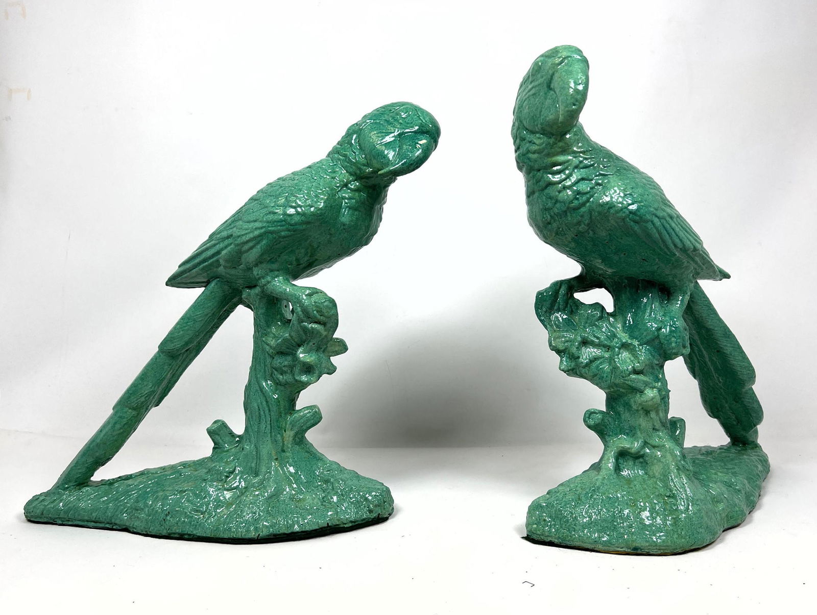 Green Painted Cement Figural Bird Sculptures. Parrots. (1 of 14)