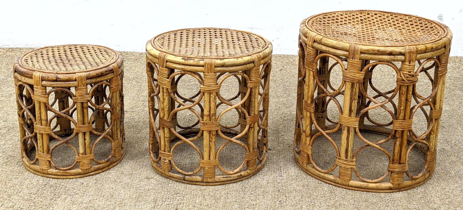 3pc Caned Seat Rattan Round Nesting Stools Tables. Grad (1 of 9)