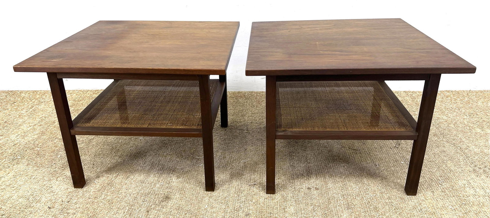 Pr Modernist Side End Tables. Lower caned shelf. (1 of 11)