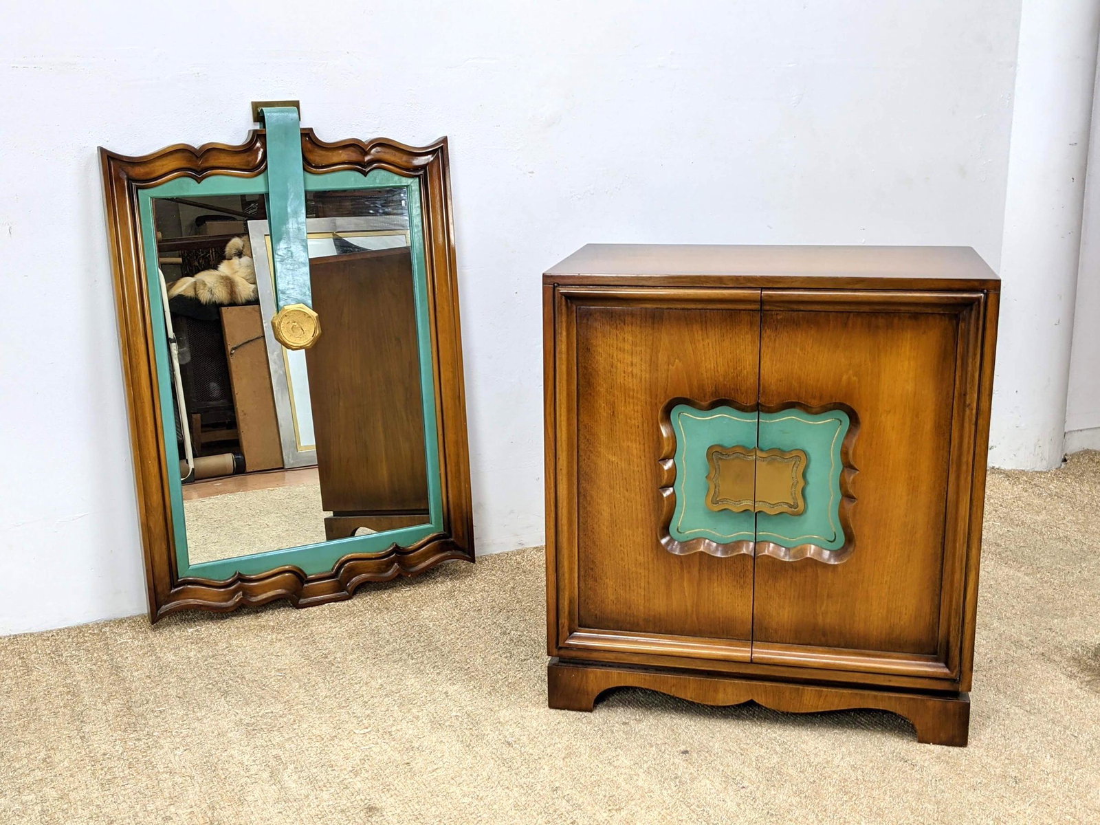 GROSFELD HOUSE 2 Door Cabinet and Mirror, Green highli: GROSFELD HOUSE 2 Door Cabinet and Mirror, Green highlights. -- Dimensions: H: 33 inches: W: 30 inches: D: 18 inches ---