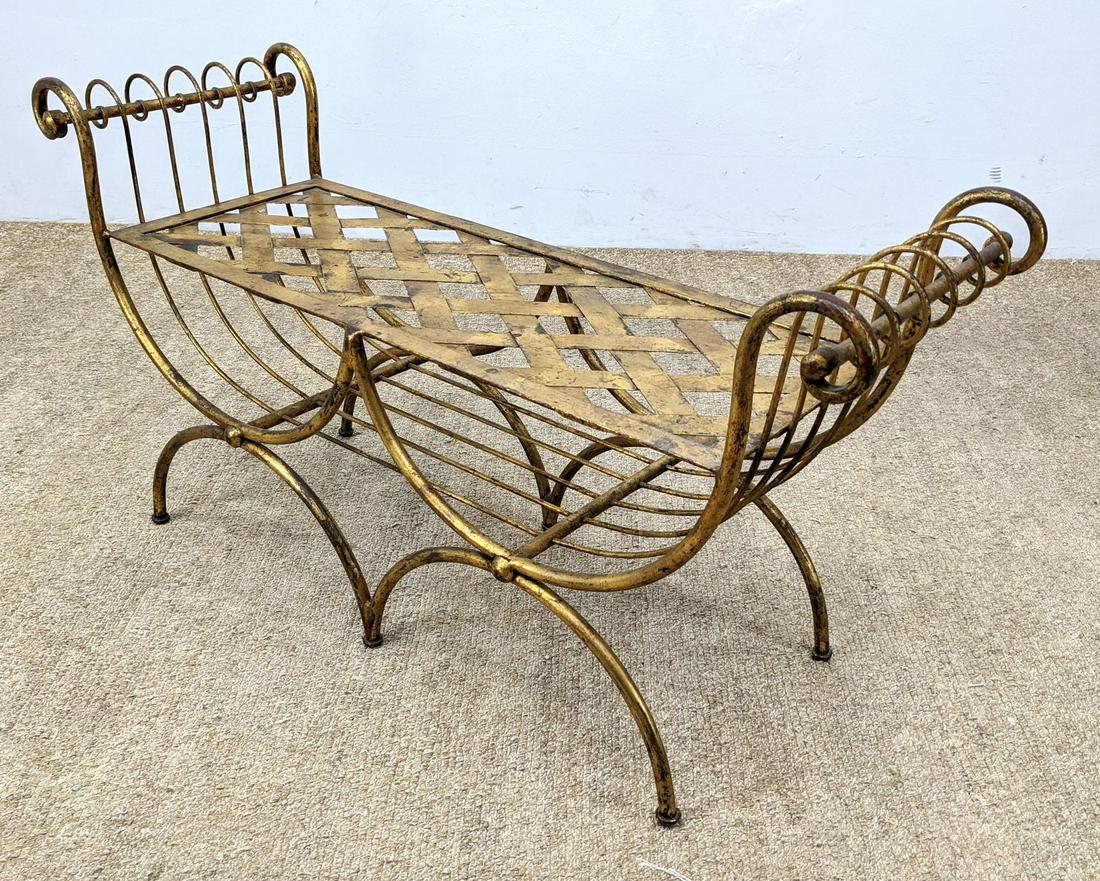 Gold Gilt Painted Metal Rolled Arm Double Bench. (1 of 9)